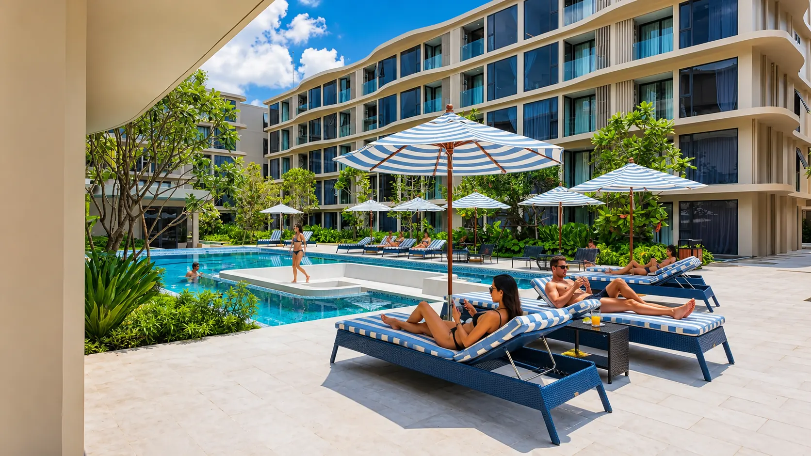Courtyard pool with striped umbrellas at Bellevue Residences, Bang Tao, Phuket
